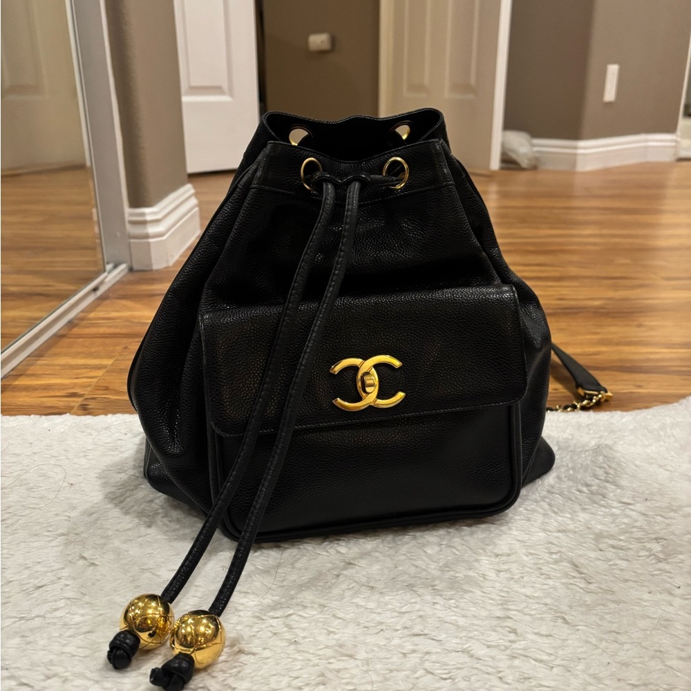 Chanel Vintage Black Leather Drawstring Bag